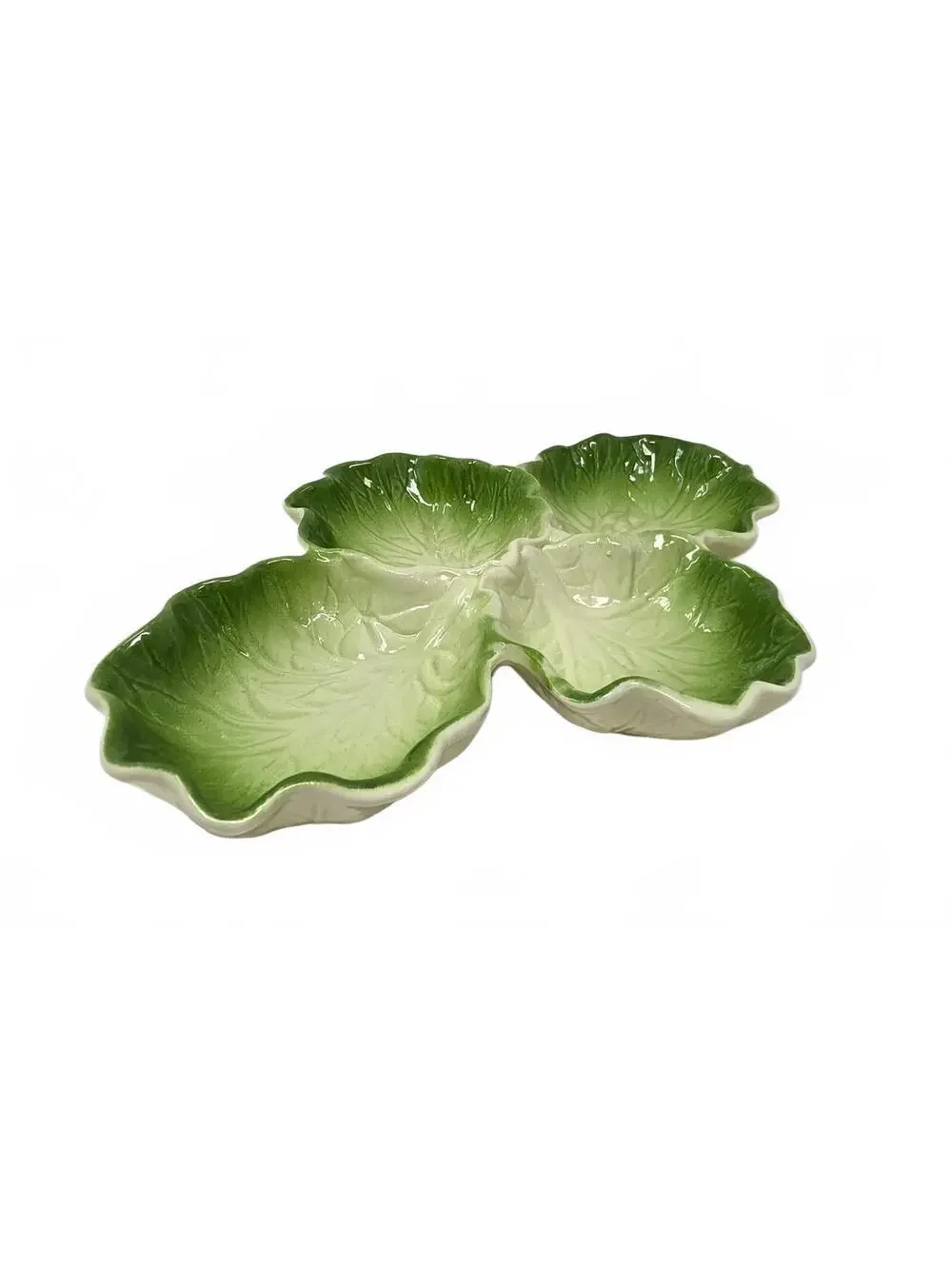 Vintage Made in USA Green Cabbage Leaf 4-Part Relish Serving Tray